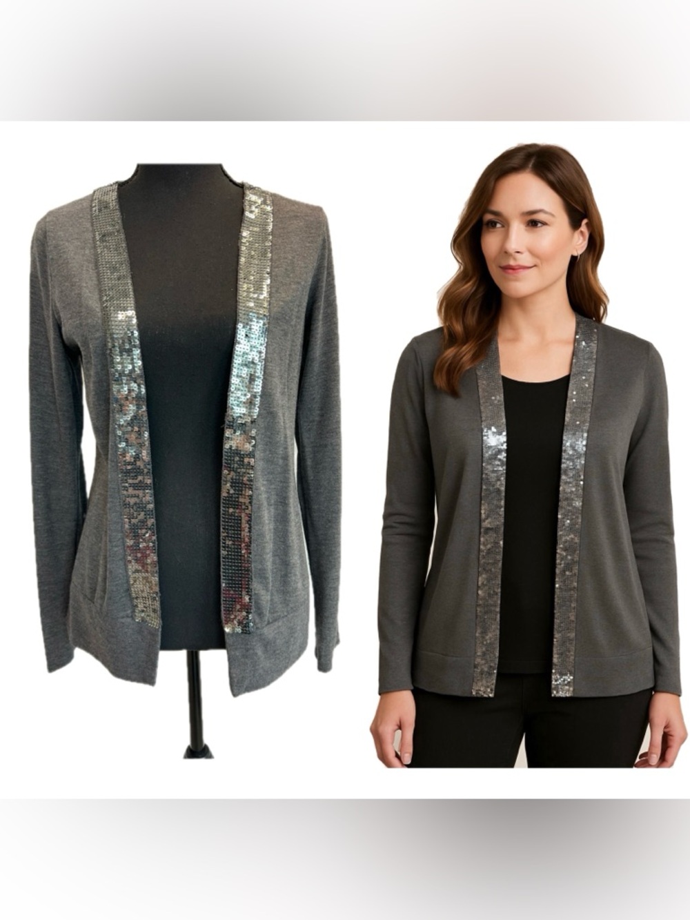 Women's Gray Open-Front Cardigan with Silver Sequin Trim Sz M
